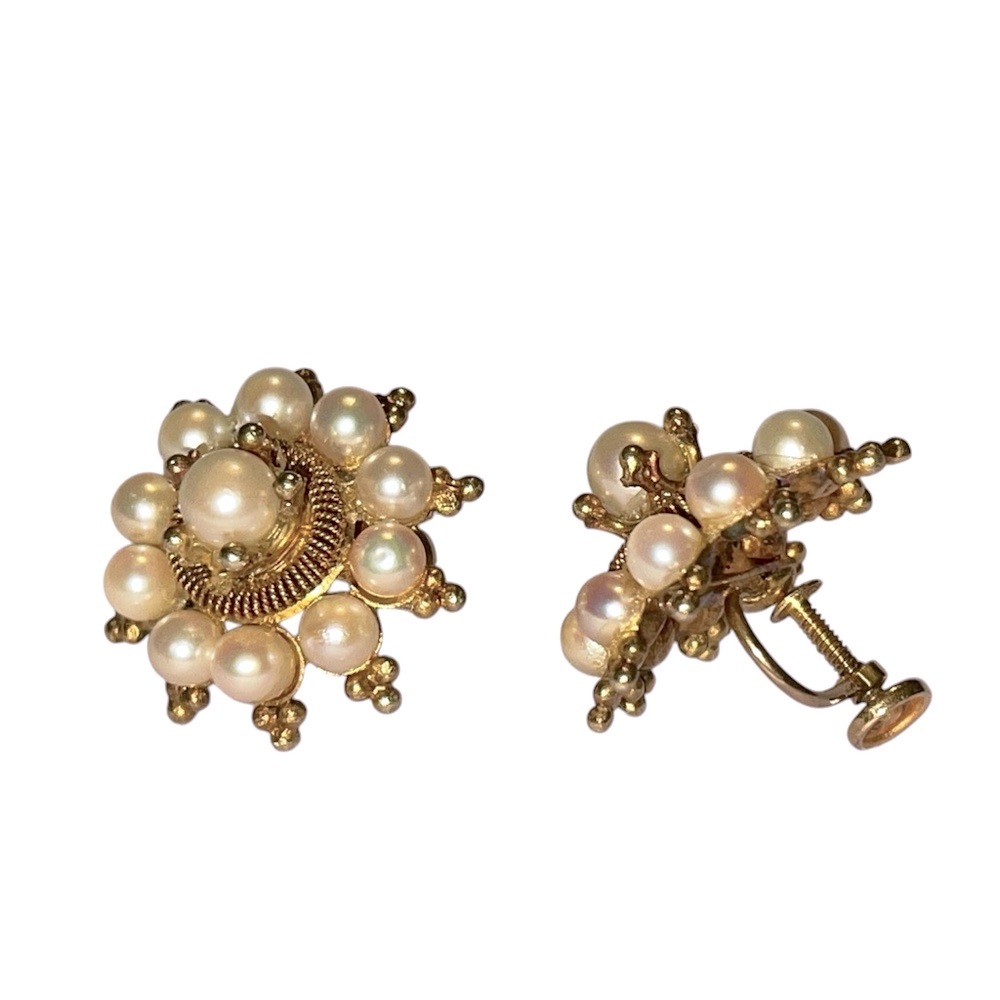 Vintage 18K Gold Akoya Pearl Cluster Earrings, Handmade Mid-Century, Authentic